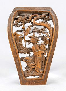Boxwood plaque, China, Qing dynasty(1644-1912), 19th century, exalted boxwood carving with numerous openwork, sage with wine pot together with lion un