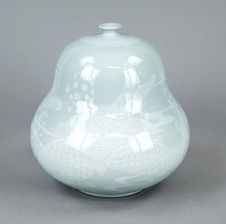 Gourd-shaped bottle vase, probably Japan, 20th century, porcelain with underglaze slip decoration of fish in bubbling water, signed KAITO and seal, 24