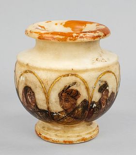 Alabaster calasha, India, 20th century, twisted alabaster vase with polychrome painting of mogul portraits and golf colored highlights, one picture fi
