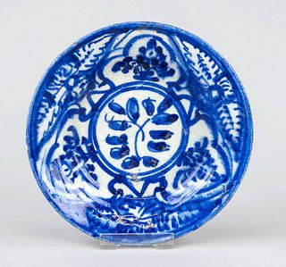 Quartz fritted plate, China, probably Ming dynasty(1368-1644) 15th/16th century, stoneware with cobalt blue floral motif, probably export ware for Per
