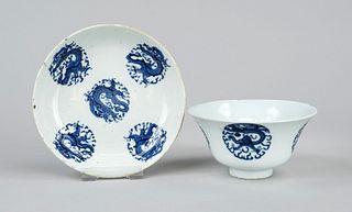 Dragon plate and dragon bowl, China, Qing dynasty(1644-1911), 19th c., porcelain with cobalt blue underglaze design of hand painted dragon in cloud ro