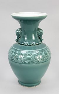Large Chinese vase, China, 20th c., porcelain with blue glaze, gui dragon en relief on thunder pattern(chin. leiwen) and applied elephant heads over r