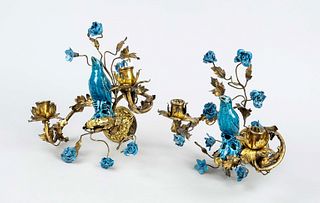 Pair of turquoise bird candelabra, China, Qing dynasty(1644-1912), 19th century, porcelain with turquoise glaze in the shape of birds and flowers moun