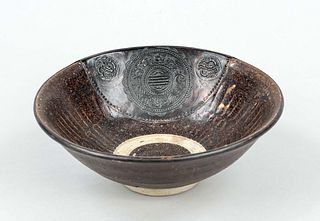 Rare brown glazed bowl with historic repair, China, Qing dynasty(1644-1911), 18th c. stoneware bowl with chocolate brown glaze base and historic 19th 
