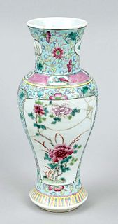 Vase famille rose, China, around 1900, porcelain vase with turquoise blue background and exalted enamel decoration of vines and pictorial fields with 
