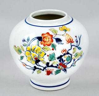 Yongzheng style vase, China, 20th century, porcelain spherical vase with hand painted floral potpourri design inspired by the decor of Yongzheng perio