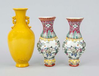 3 wall vases, China, Qing dynasty(1644-1912) 19th c. or later, porcelain, pair of congratulatory wall vases with famille rose enamel decoration of pla