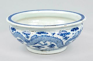 Large dragon bowl, China, probably Qing dynasty(1644-1911) 18th/19th century, porcelain with cobalt blue decoration of two dragons chasing a pearl in 