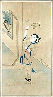 Two palace lady portraits, China, probably Republic-Peridoe(1912-1949), ink and colors on paper, lady sewing with child and with fan after butterfly h