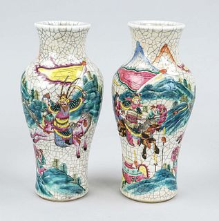 Pair of crackle ware vases famille rose, China, probably 1880s, porcelain with distinctive crackle and polychrome enamel decoration of a battle scene 