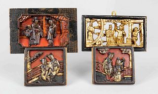 4 Chinese carvings ''Boys, Palace Ladies and Eunuchs'', China, Qing-.dynasty(1644-1911), 19th c., wooden panels with lacquer painting, various figural
