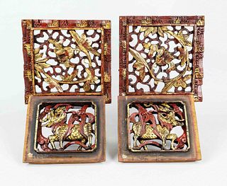 4 Chinese carvings ''Unicorns and Peonies'', China, Qing dynasty(1644-1911), 19th c., square wooden panels with red and gold lacquer, 18x17cm/20,5x21c