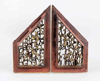 Pair of Chinese ''air carvings''(kongdiao) ''The Deer of Immortality'', probably South China, Qing dynasty(1644-1911), 19th c., triangular wooden pane