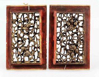Pair of Chinese ''air carvings''(kongdiao) ''dragons and lions in tendril play'', probably South China, Qing dynasty(1644-1911), 19th c., wooden panel