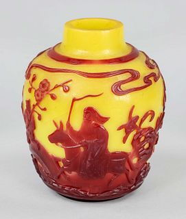 Opaque glass vase, China, Republic period(1912-1949), yellow glass vase with red glass application carved in landscape scene, h 14cm