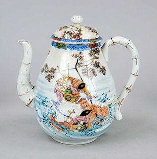 Kutani teapot, Japan, c. 1900, porcelain teapot with bamboo spout and bamboo handle, polychrome glaze decoration of samurai in the waters, gold highli