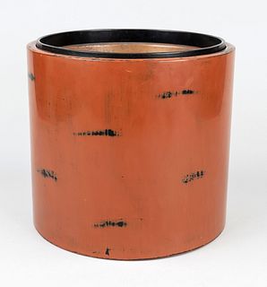 Negoro-Hibachi, Japan, 20th century, red lacquer cylinder made as studio work with typical black lacquer exposure in the style of Negoronuri associate