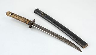 Wakizashi (short katana sword), Japan, blade probably 18th century, leather scabbard added later, tshuba iron, other sword decorations missing, lacing