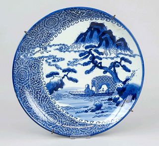 Plate blue print, Japan, Arita, around 1900, porcelain plate with cobalt print, sage on mountain lake in boat looking at pine tree in folral moon rese