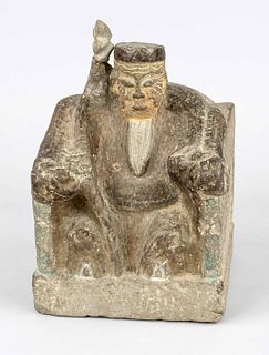 Chinese cube stool figure, probably Vietnam 18th century, granite stone in figural form of a sage with beard, hat and staff on honorary throne, partly