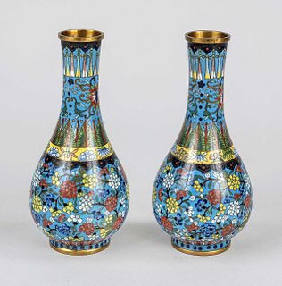 Pair of cloisonné vases, China, probably republic period(1912-1949), fine cellular enamel vases with sky blue background and exalted ornamental langua