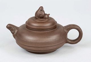 Yixing ram teapot, China, 20th century, brown earthenware teapot, lid with ram-shaped knob and ram's head spout, signed CHU HANSHANG(?) ZHI(made by Ch