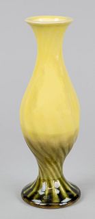 Canary yellow vase, probably China Republic period(1912-1949), hand moulded drilled on earthenware vase with yellow-green effect glaze, signed in seal