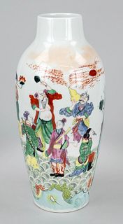 Famille verte vase of the 8 immortals, China, 20th c., porcelain with polychrome hand painted glaze decoration of the 8 immortals in the water waves, 