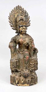 Water-moon Avalokiteshvara on rock throne, China, 20th c., wood-carved merciful Guanyin in so-called ''casual king posture''(skrt. rajalilasana) on th