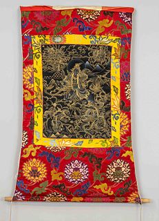 Thangka, probably Nepal, 20th c., silver and gold paint on paper, 5 dakinis on horseback in misty mountains, mounted with folding cloth, 40x31cm