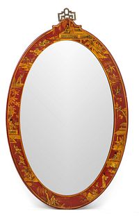 Ancient Chinese mirror, China, date uncertain, red lacquer with yellow lacquer painting of ideal palace garden, faceted mirror plate, meaner metal han