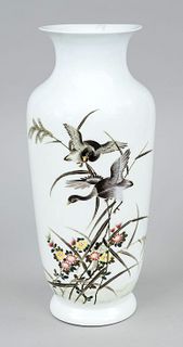 Vase, China, 20th c., wild goose couple flying in the reeds, matching inscription poem on the back, h 33cm