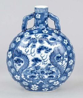 Pilgrim vial, China, 20th century, blue and white porcelain with dragon and flaming jewel, ''3 friends of winter''(pine, bamboo, plum blossom), apocry