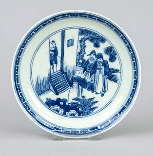 Small plate, China, 20th century, porcelain with cobalt blue underglazed decoration of sages talking with Buddhist monk, d14,5cm