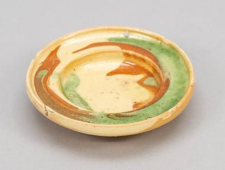Tang-Sancai plate, China, probably Tang dynasty(618-906), earthenware with tri-color river glaze, 1 chip, d 8.5cm