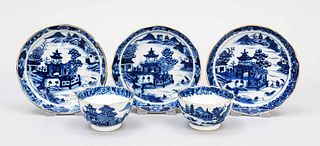 Quintet Yantai, China, Qing dynasty(1644-1911), 18th century, 3 porcelain small plates and 2 -cups with ideal Chinese landscape scenes, butterfly-flow