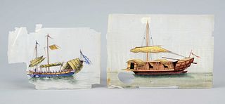 Two rare pith paintings depicting ships, China, Qing dynasty(1644-1911), around 1800, gouache on rice paper, manned and unmanned sampans of high seas,