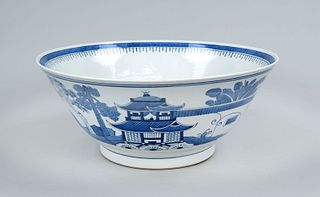 Large blue and white soup bowl, China, 21st century, porcelain with cobalt blue underglaze painting of a Chinese ideal landscape, d 37cm