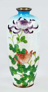 Ando enamel vase, Japan, 1st half 20th c., brass body with vivid chrysanthemum depiction in transparent enamel against sky blue background, impercepti