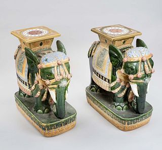 Pair of elephant flower stools, India or Nepal, 20th century, terracotta in the shape of a mighty Asian elephant(Elephas maximus) with ostentation, po