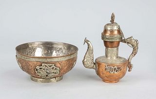 Consecration jug and offering bowl, Nepal, 19th/20th century, chased copper and white metal, dragon ornaments and lotus blossom motifs in repoussé tec