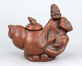 Yixing figure, China, 19th/20th century, reddish earthenware, a sage with gourd bottle is sitting on a giant snail shell, lid knob designed as a snail