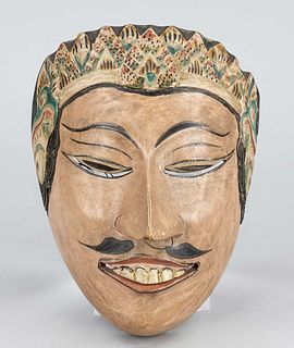 Wayang-Topeng mask of Arjuna, Indonesia, 1st half of 20th century, light wood with polychrome painting, mask of noble prince Arjuna from the epic Rama