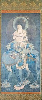 Bodhisattva Manjushri, probably Japan, 20th c., poster on plate, decorative Buddhist devotional picture of the Bodhisattva of Wisdom after the pattern