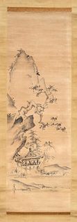 Kano Tsunenobu(1636-1713): ''Looking at the lake in the shadow of the old mountain pine'', Japan, ink on paper, monochrome landscape painting of pavil