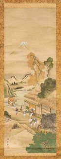 After Utagawa Hiroshige(=Ando): ''Travelers in front of the inn near Mount Fuji'', ink and colors on silk, 114,5x41cm(image field)/193x54cm(total)/61c