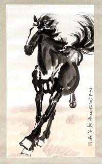 After Xu Beihong(1895-1953): ''The black horse is hurrying up'', 20th century, ink and light colors on paper, inscription, 1 seal, 67x39cm(picture fie