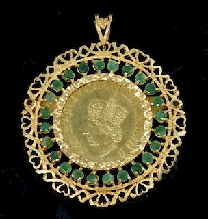 Gold and emerald pendant/ brooch set with a gold coin to the centre with a surround of emeralds and gold hearts mounted in 9 