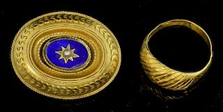 Victorian gold enamel and pearl mourning brooch and a high carat gold ring, stamped 24 ct