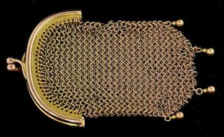 Victorian chain mail  purse, yellow metal,  stamped marks for E Dickenson, Liverpool